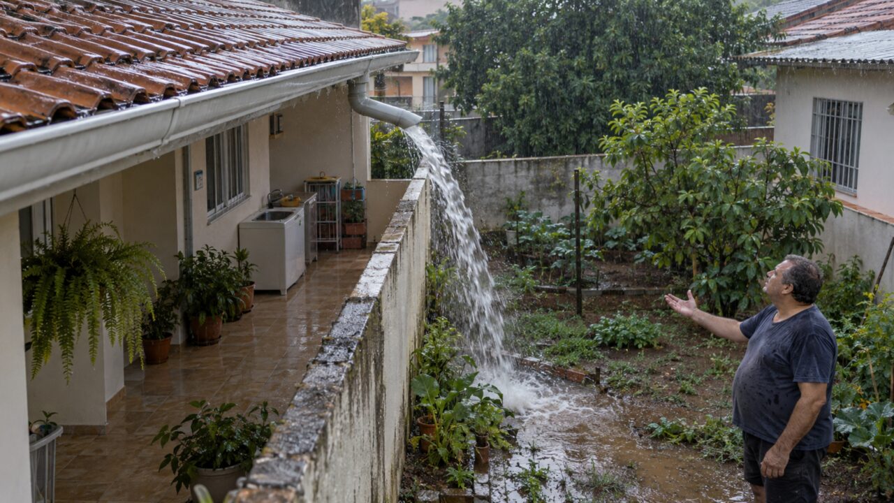 A obra termina numa sexta-feira e a discussão começa no sábado: nova calha despeja toda a água do telhado exatamente no quintal da casa ao lado