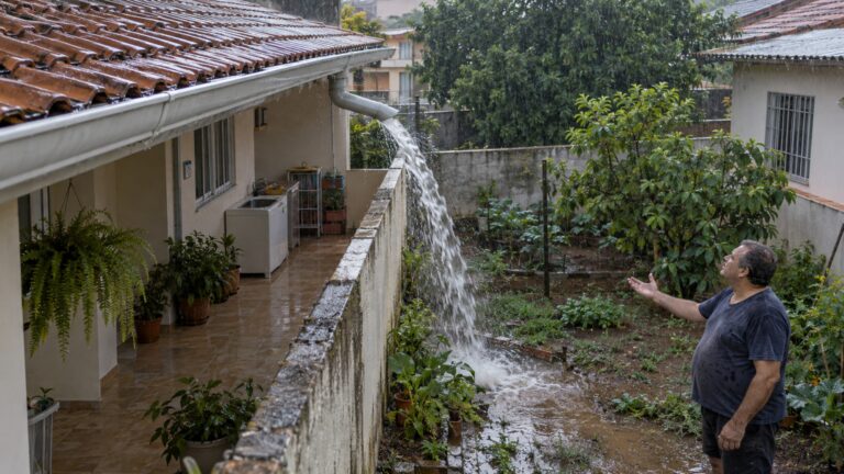 A obra termina numa sexta-feira e a discussão começa no sábado: nova calha despeja toda a água do telhado exatamente no quintal da casa ao lado
