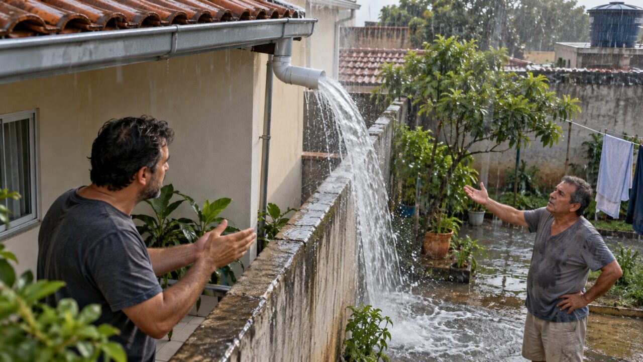 A obra termina numa sexta-feira e a discussão começa no sábado: nova calha despeja toda a água do telhado exatamente no quintal da casa ao lado
