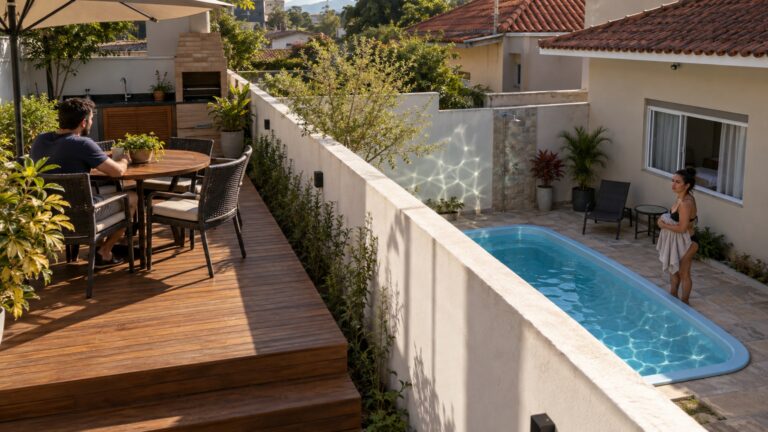 Casal instala deck elevado para aproveitar melhor o fundo do quintal e moradores ao lado percebem que o muro de 2 metros já não impede a visão para dentro da piscina
