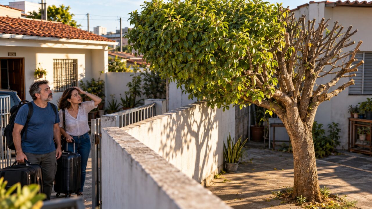 Casal passa três dias fora e volta encontrando a árvore da divisa praticamente sem galhos porque vizinho decidiu liberar espaço para instalar painéis solares