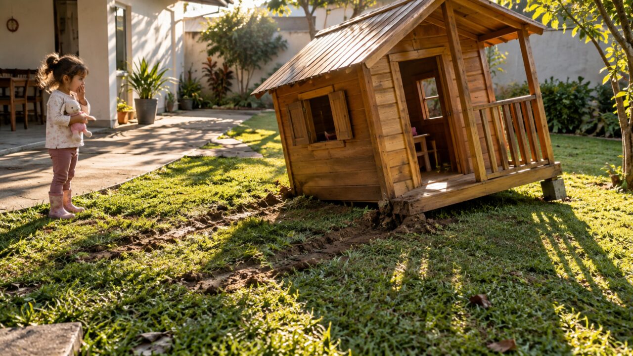 A família instala uma casinha de madeira para as crianças no quintal e, depois de uma noite de vento forte, percebe que a estrutura se deslocou vários centímetros sobre o piso