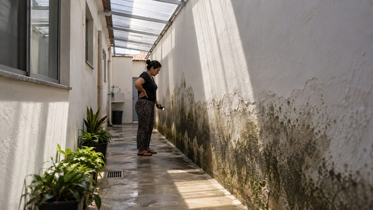 Vizinho fecha o corredor lateral com telhas transparentes para impedir entrada de chuva e a casa ao lado começa a acumular umidade exatamente na parede que deixou de receber sol