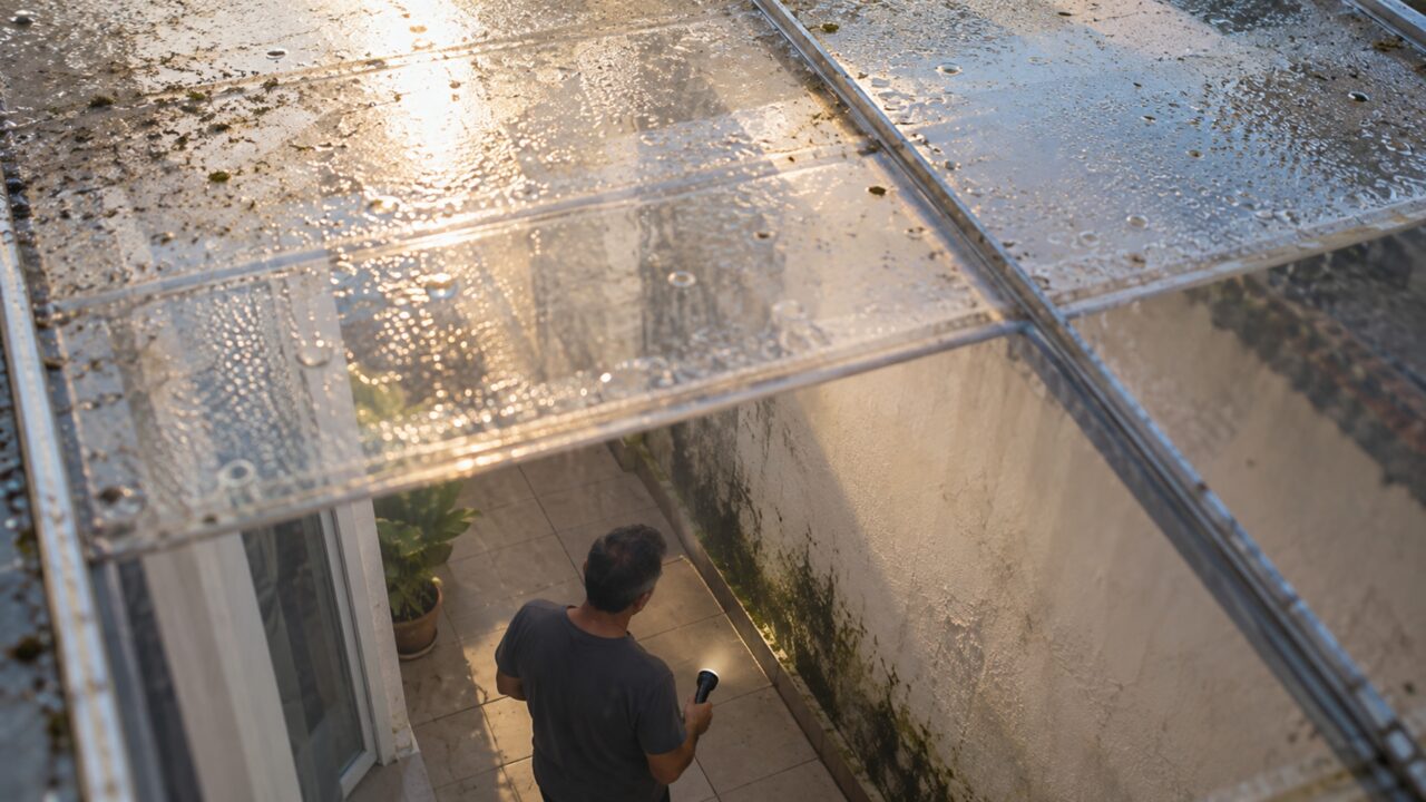 Vizinho fecha o corredor lateral com telhas transparentes para impedir entrada de chuva e a casa ao lado começa a acumular umidade exatamente na parede que deixou de receber sol