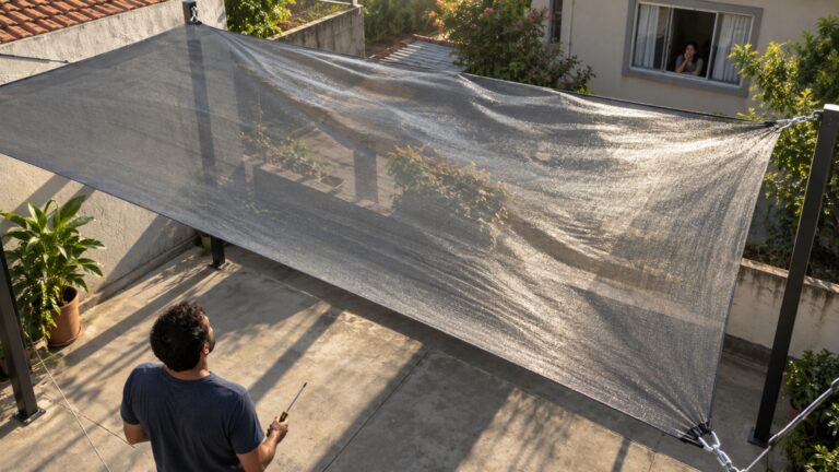Vizinha coloca tela de sombreamento sobre parte do quintal para proteger as plantas e, nos dias de vento, a estrutura começa a bater repetidamente contra a janela da casa ao lado