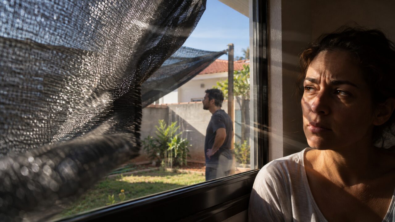 Vizinha coloca tela de sombreamento sobre parte do quintal para proteger as plantas e, nos dias de vento, a estrutura começa a bater repetidamente contra a janela da casa ao lado