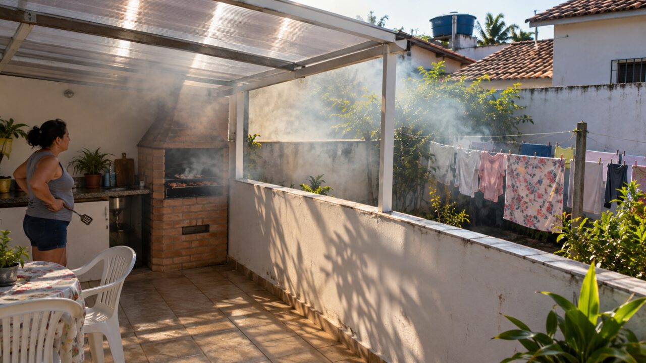 A nova cobertura impede chuva sobre a churrasqueira, mas a fumaça deixa de subir e passa a se espalhar horizontalmente pelo quintal do vizinho