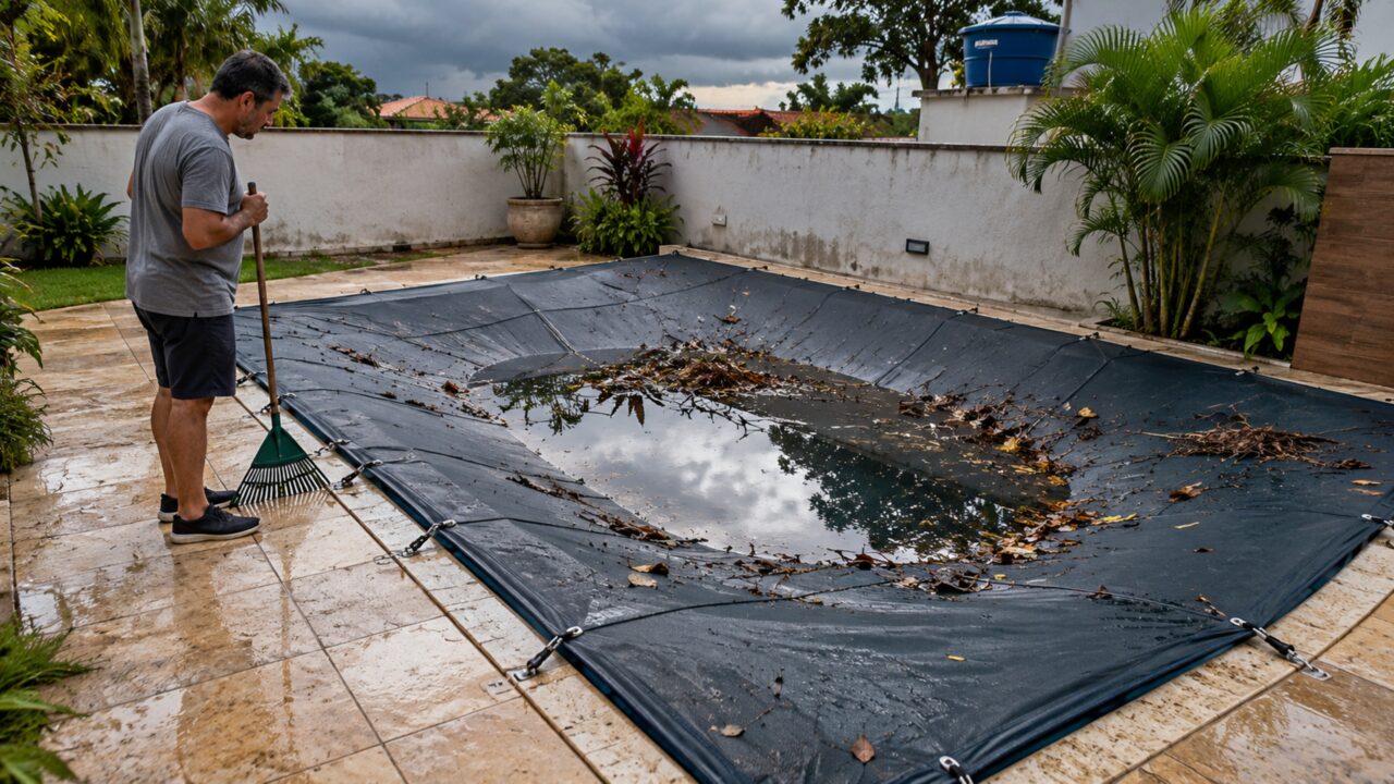 Família instala uma cobertura rígida sobre a piscina para evitar quedas e, depois de uma tempestade, encontra dezenas de litros de água acumulados bem no centro da estrutura