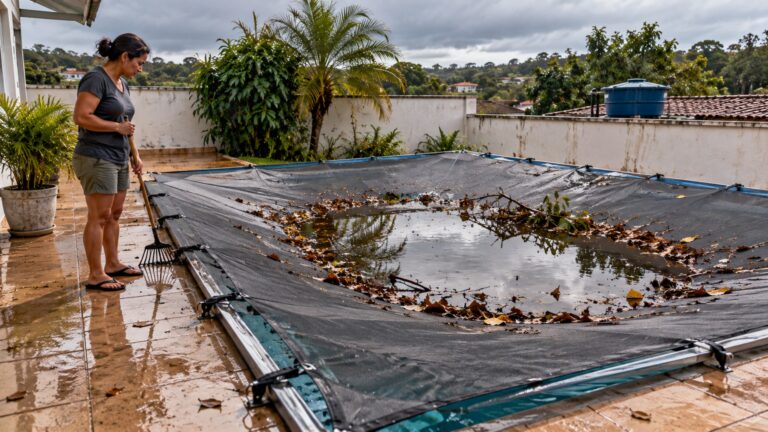 Família instala uma cobertura rígida sobre a piscina para evitar quedas e, depois de uma tempestade, encontra dezenas de litros de água acumulados bem no centro da estrutura