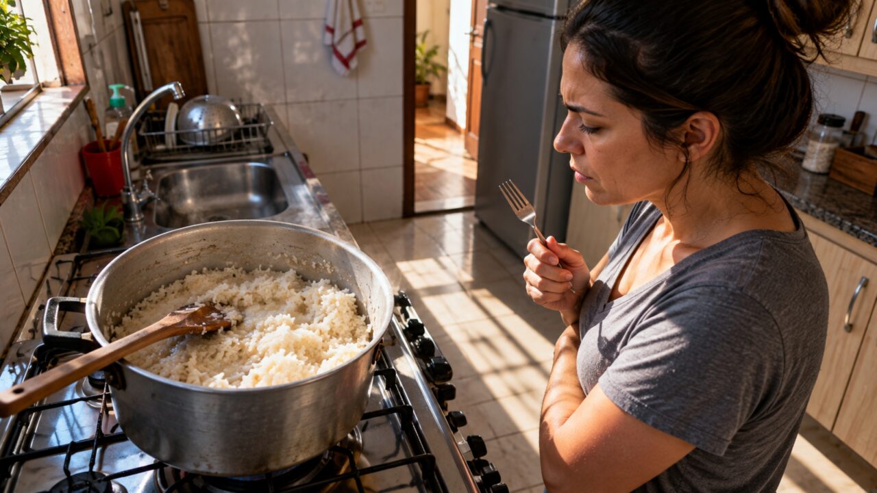 O arroz pode ficar empapado mesmo usando a quantidade certa de água quando a panela é mexida muitas vezes enquanto os grãos ainda estão cozinhando