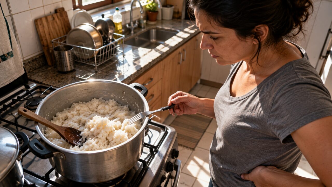 O arroz pode ficar empapado mesmo usando a quantidade certa de água quando a panela é mexida muitas vezes enquanto os grãos ainda estão cozinhando