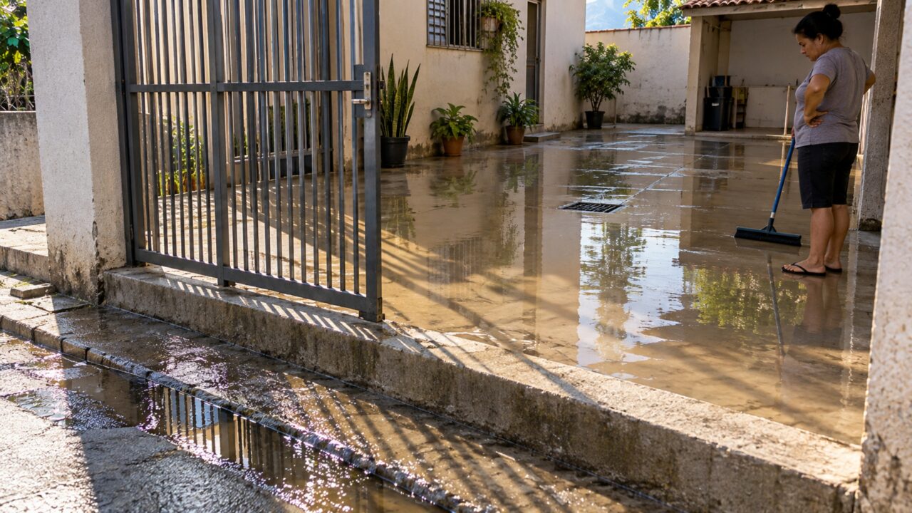Família aumenta a altura da soleira para impedir entrada de água da rua e, quando chove pelo lado do quintal, percebe que criou uma barreira para a água sair