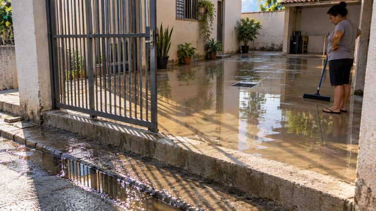 Família aumenta a altura da soleira para impedir entrada de água da rua e, quando chove pelo lado do quintal, percebe que criou uma barreira para a água sair