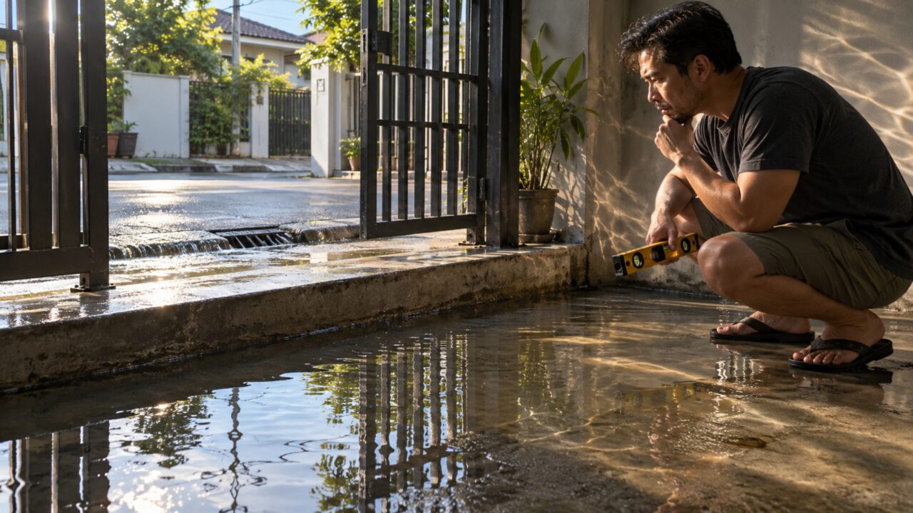 Família aumenta a altura da soleira para impedir entrada de água da rua e, quando chove pelo lado do quintal, percebe que criou uma barreira para a água sair