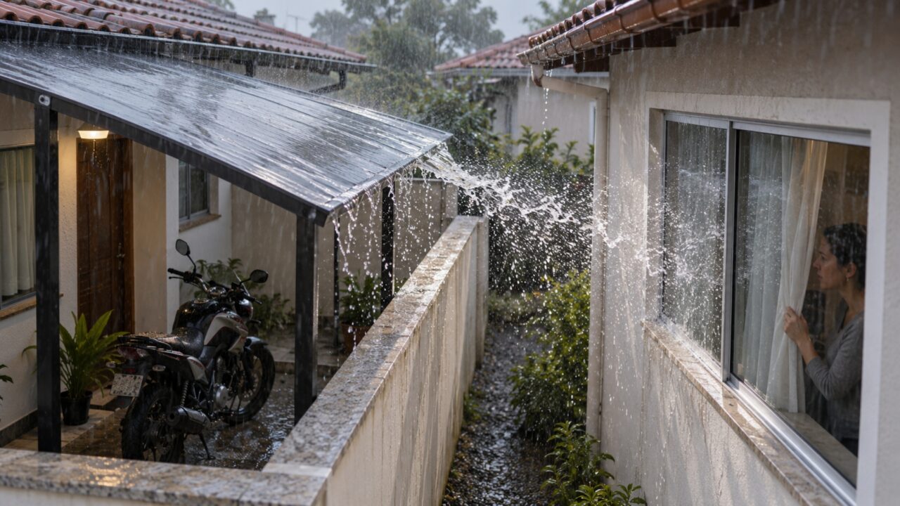 Vizinho instala uma cobertura para proteger a moto e, no primeiro temporal com vento, a água passa a ser lançada contra a janela da casa ao lado em vez de cair no próprio corredor