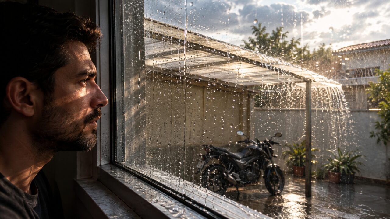 Vizinho instala uma cobertura para proteger a moto e, no primeiro temporal com vento, a água passa a ser lançada contra a janela da casa ao lado em vez de cair no próprio corredor