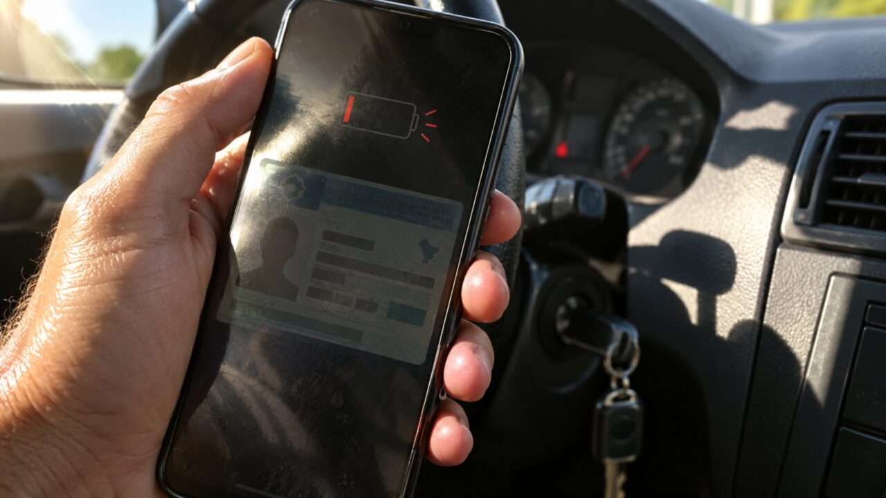 Condutor é parado em fiscalização com a CNH no aplicativo, mas o celular está com 1% de bateria e a situação levanta a dúvida sobre depender apenas do documento digital durante uma viagem