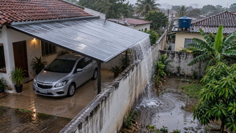 Casal instala uma cobertura sobre a garagem e vizinho reclama que a água da chuva passou a cair toda no quintal ao lado
