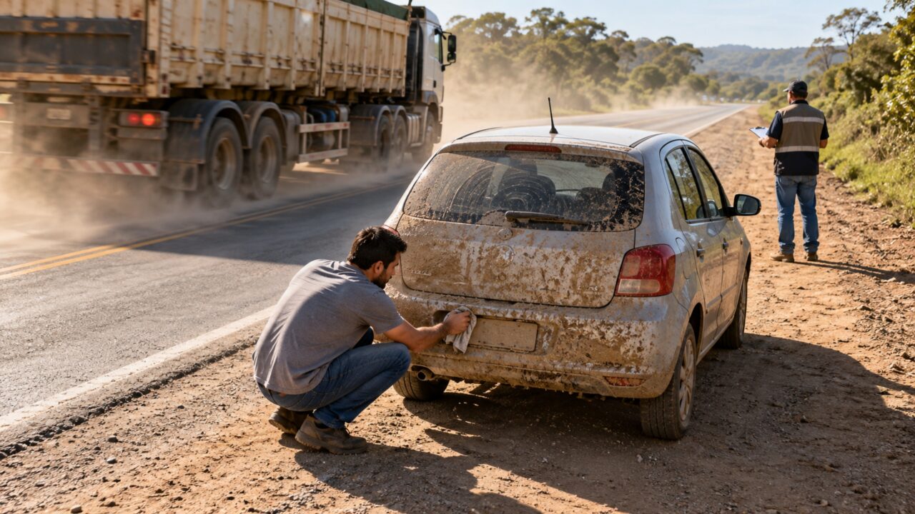 Motorista sai de uma estrada de terra, é parado por uma viatura alguns quilômetros depois e só então percebe que a placa traseira praticamente desapareceu sob uma camada de lama