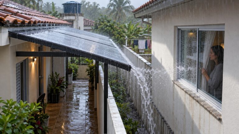 Casal instala uma cobertura nova sobre o corredor e só na primeira chuva percebe que a água passou a cair exatamente sobre a janela do vizinho