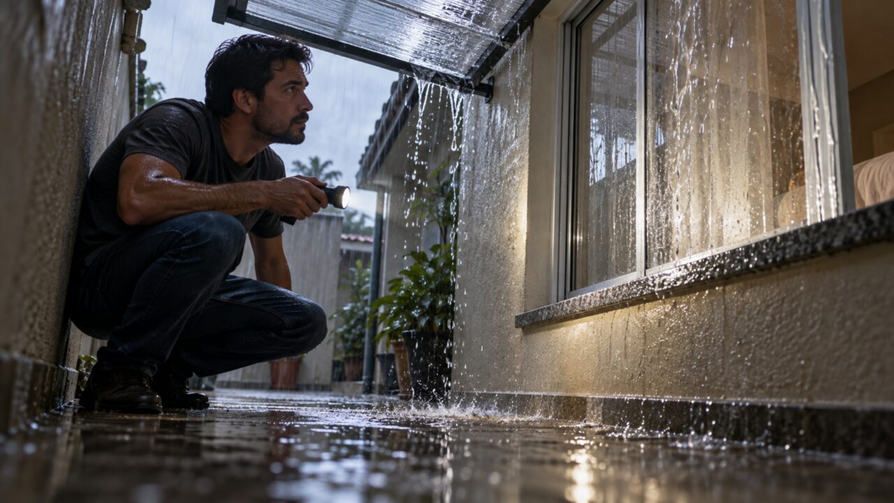 Casal instala uma cobertura nova sobre o corredor e só na primeira chuva percebe que a água passou a cair exatamente sobre a janela do vizinho
