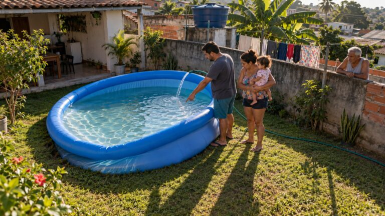 Depois de colocar uma piscina maior para os filhos, família percebe que o piso começa a afundar de um lado conforme o nível da água sobe