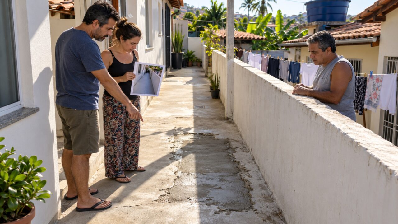 Vizinho quebra o piso do corredor compartilhado para trocar um cano e casal encontra o espaço remendado com cimento diferente poucas horas depois
