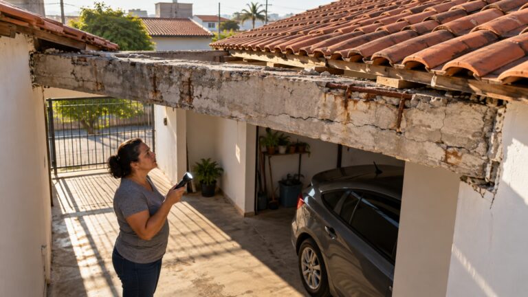 Moradora compra casa antiga, derruba o forro da garagem e descobre que parte do telhado do vizinho está apoiada sobre uma viga que atravessa seu terreno