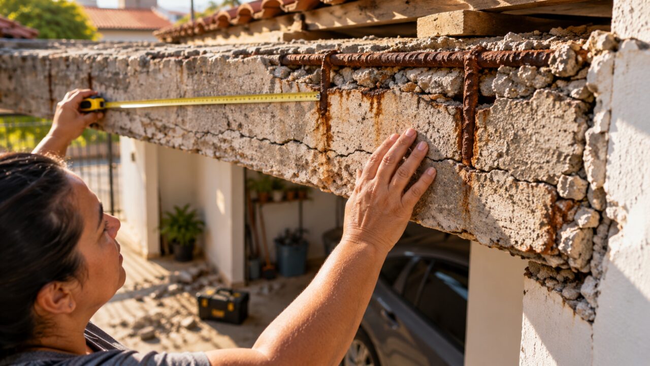 Moradora compra casa antiga, derruba o forro da garagem e descobre que parte do telhado do vizinho está apoiada sobre uma viga que atravessa seu terreno