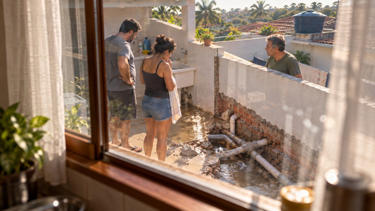 Casal troca a pia da área externa e descobre que o novo encanamento descarrega justamente em um tubo antigo usado também pela casa vizinha
