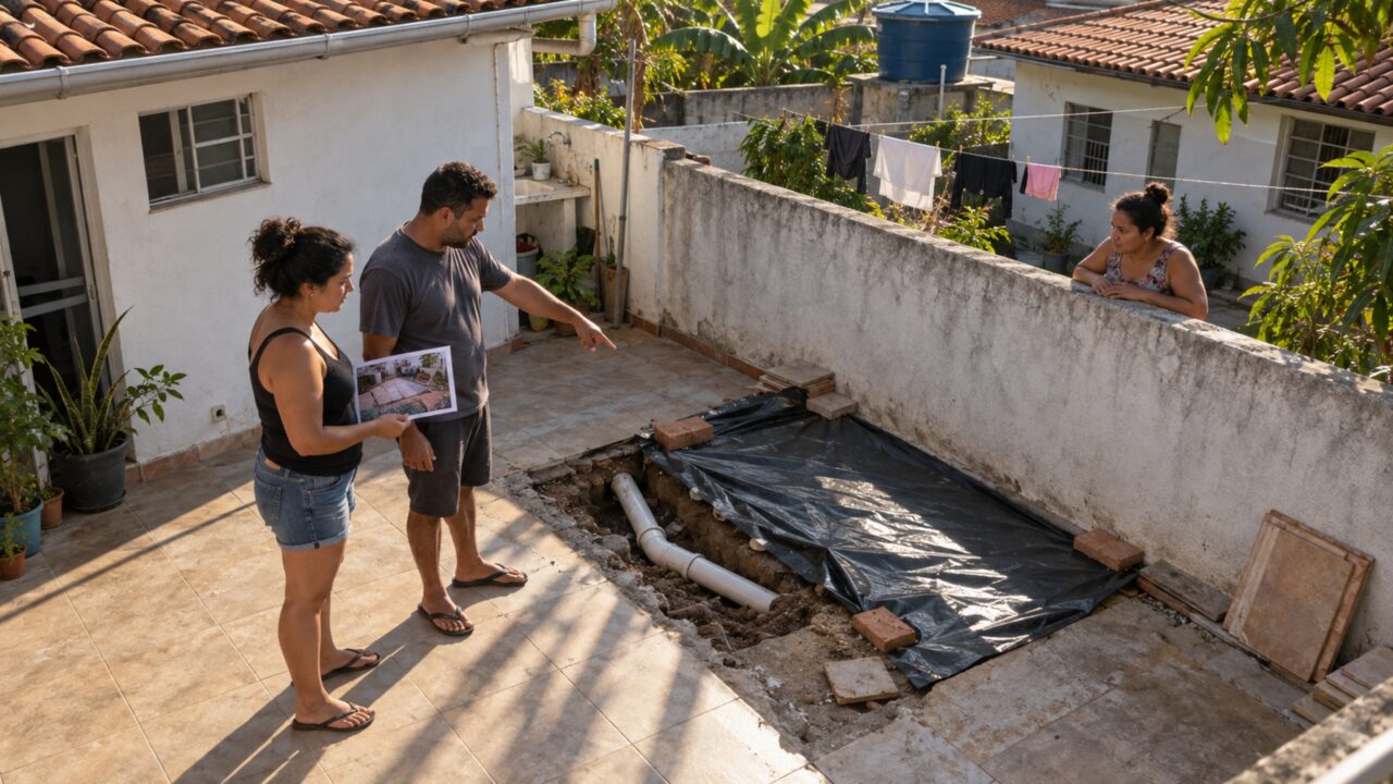 Casal encontra o piso da garagem quebrado porque o vizinho precisou acessar um cano que passa por baixo da propriedade e ninguém avisou antes da obra