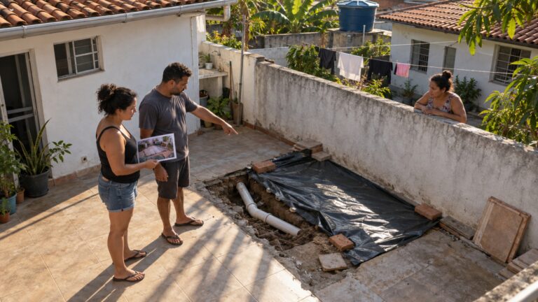 Casal encontra o piso da garagem quebrado porque o vizinho precisou acessar um cano que passa por baixo da propriedade e ninguém avisou antes da obra