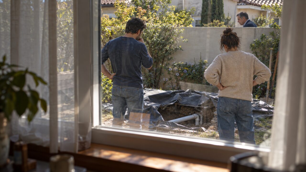 Casal encontra o piso da garagem quebrado porque o vizinho precisou acessar um cano que passa por baixo da propriedade e ninguém avisou antes da obra