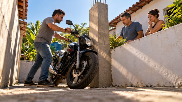 O muro novo fica pronto, mas o vizinho percebe que a última coluna avançou alguns centímetros sobre o espaço onde ele sempre estacionou a moto