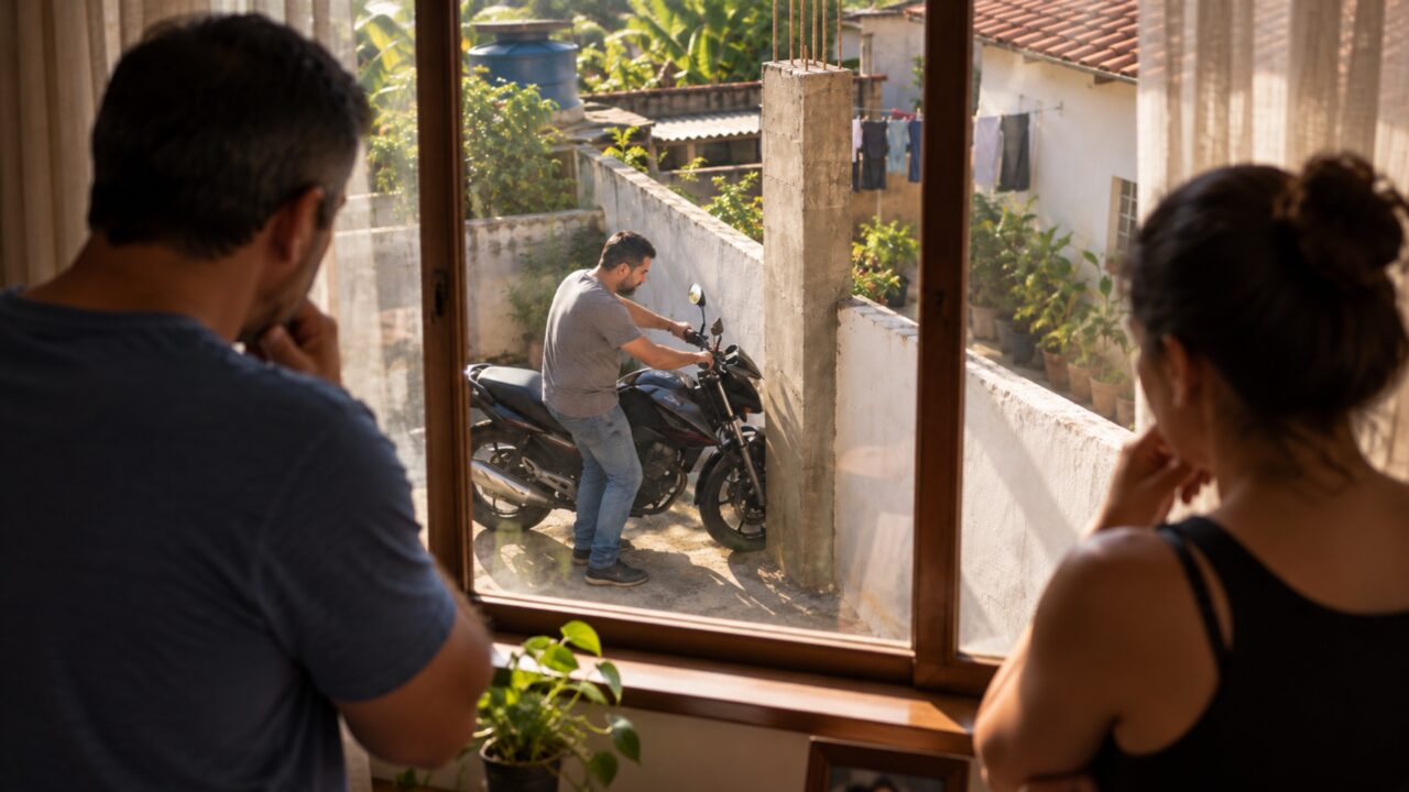 O muro novo fica pronto, mas o vizinho percebe que a última coluna avançou alguns centímetros sobre o espaço onde ele sempre estacionou a moto
