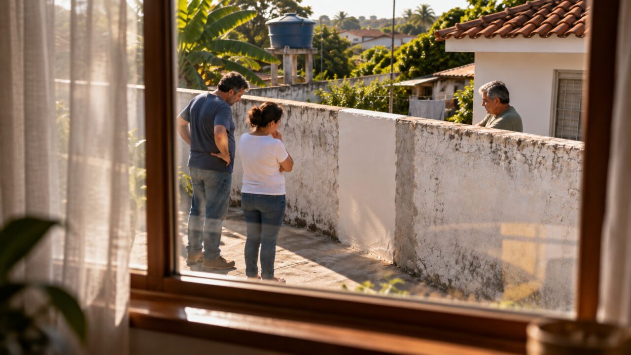 Vizinho derruba parte de uma mureta para passar material de obra e promete reconstruir depois, mas o acabamento novo fica diferente de todo o restante da divisa