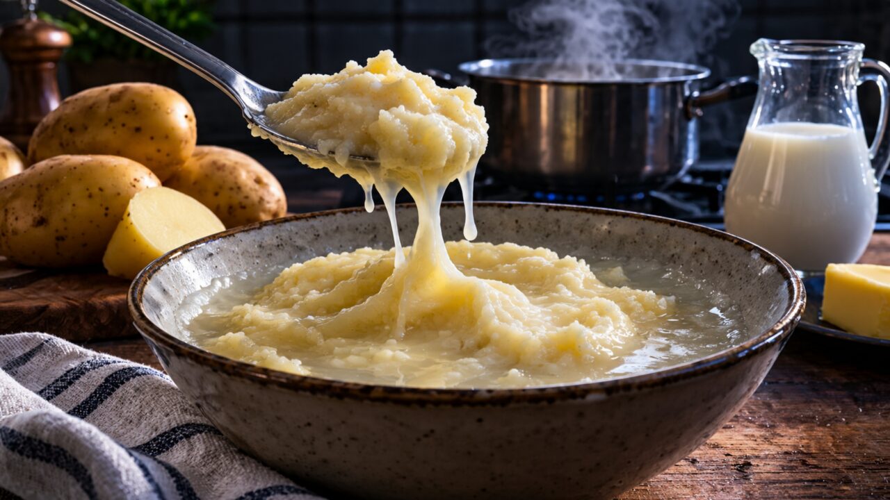 O purê pode ficar aguado mesmo sem excesso de leite quando as batatas absorvem muita água durante o cozimento e chegam encharcadas à panela
