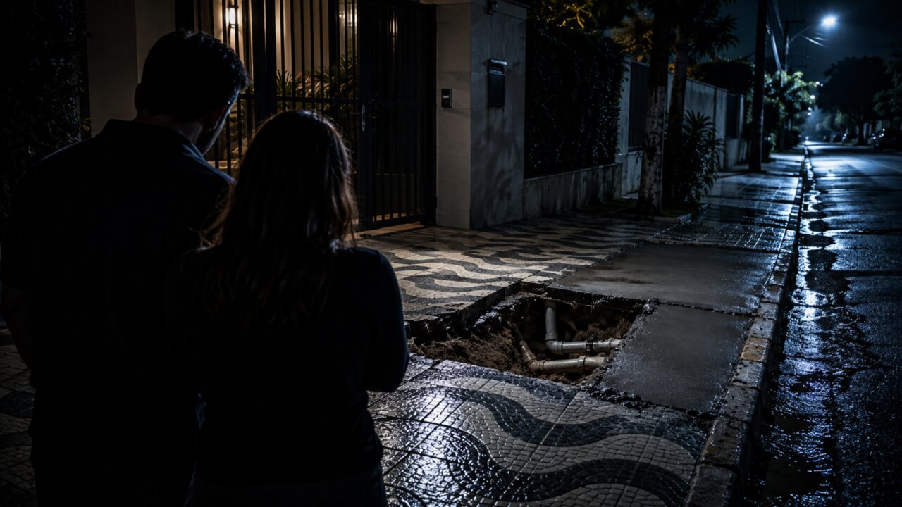 Casal volta para casa e encontra parte da calçada quebrada porque a companhia de serviço abriu o piso para acessar uma tubulação que passa diante do imóvel