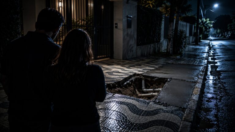Casal volta para casa e encontra parte da calçada quebrada porque a companhia de serviço abriu o piso para acessar uma tubulação que passa diante do imóvel
