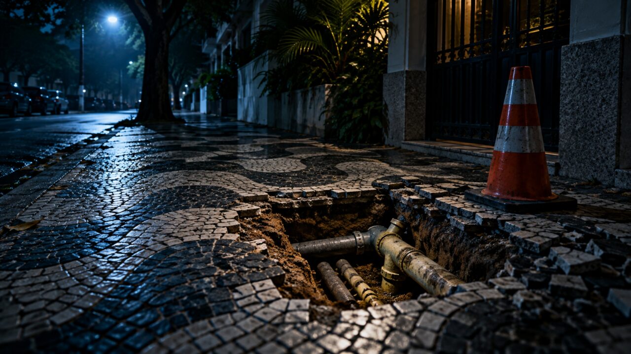 Casal volta para casa e encontra parte da calçada quebrada porque a companhia de serviço abriu o piso para acessar uma tubulação que passa diante do imóvel