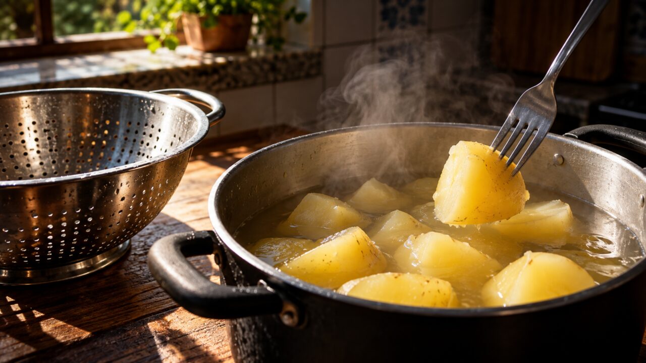 A batata parece pronta assim que o garfo entra com facilidade, mas para virar purê o ponto certo também depende de quanta água ela absorveu durante o cozimento
