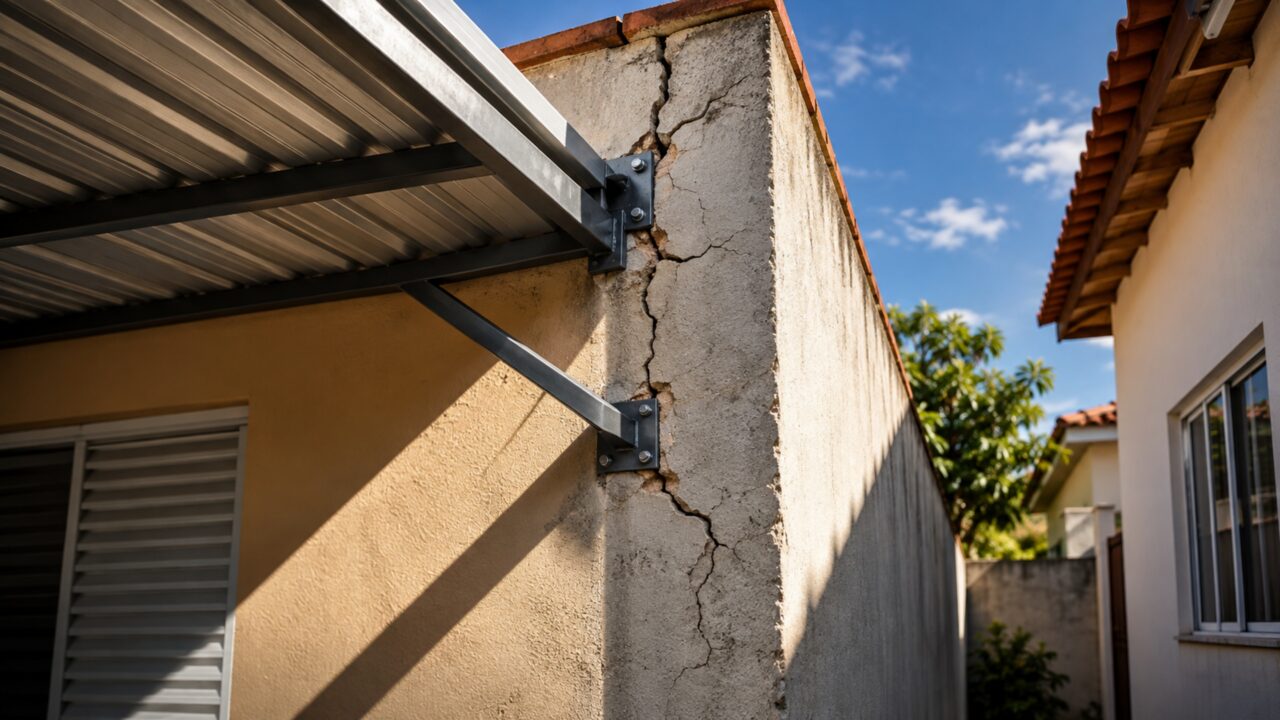 O muro parecia firme até o vizinho prender uma cobertura nele e pequenas rachaduras começarem a aparecer exatamente nos pontos de fixação