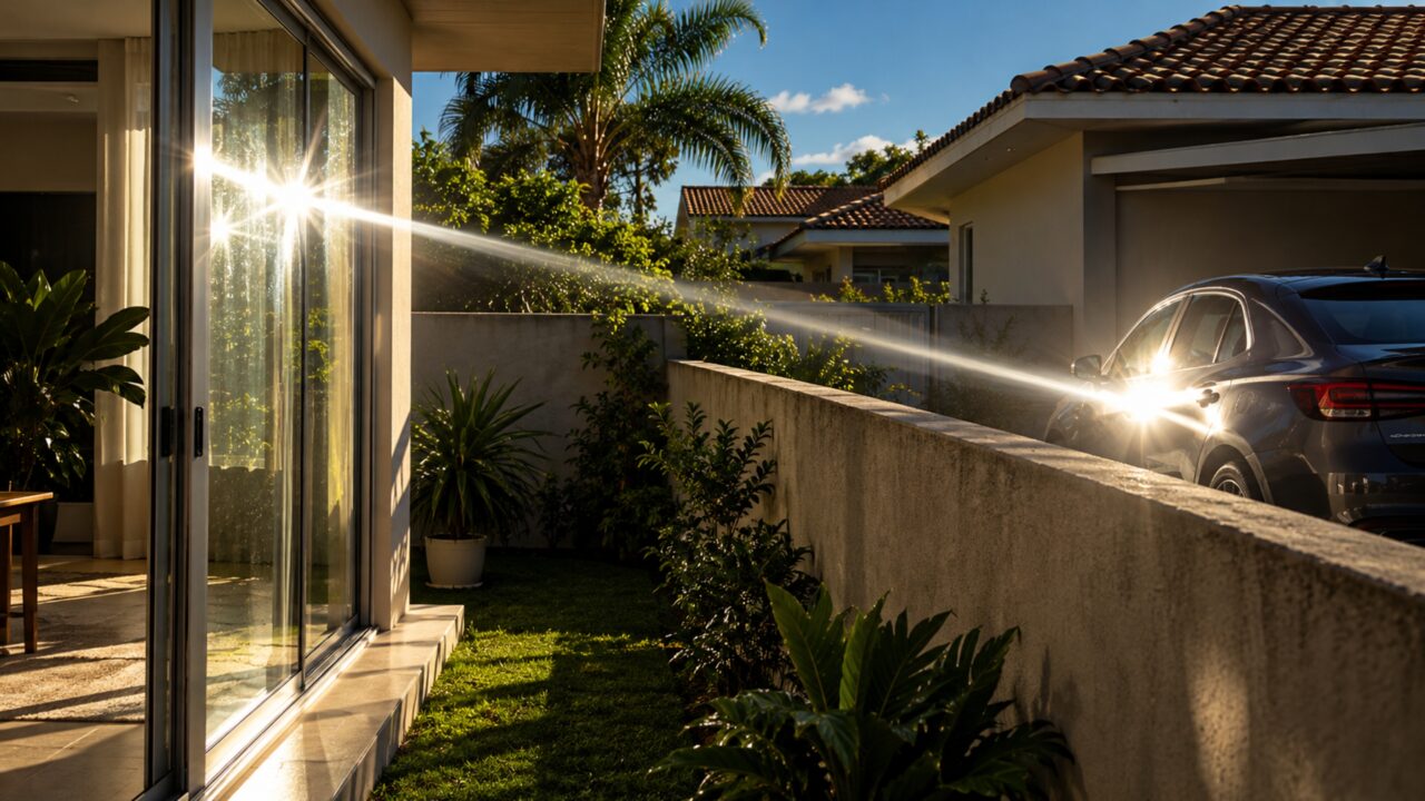 Casal instala uma porta de vidro na área dos fundos e, no primeiro dia de sol forte, percebe que o reflexo fica concentrado justamente sobre o carro estacionado ao lado