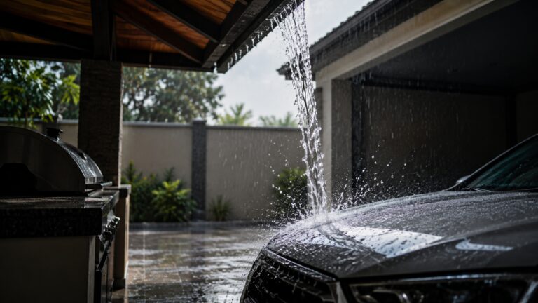 A churrasqueira ficou protegida da chuva, mas a nova cobertura começou a despejar água dentro da garagem do vizinho