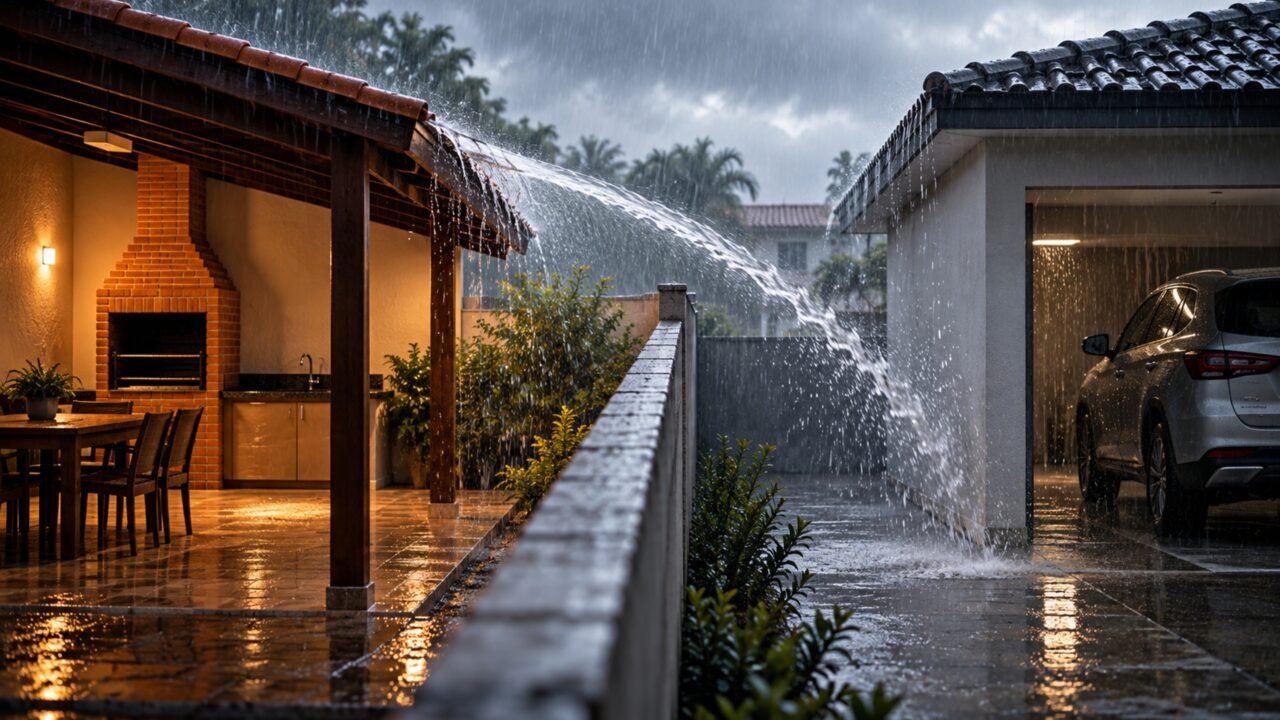 A churrasqueira ficou protegida da chuva, mas a nova cobertura começou a despejar água dentro da garagem do vizinho