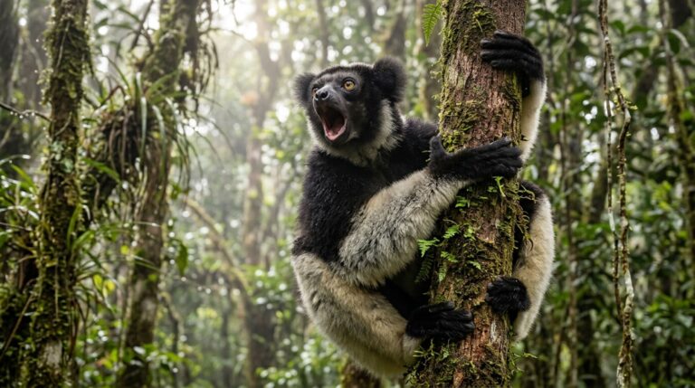 O indri abre mais a boca durante vocalizações agudas, comportamento que pode contribuir para o ajuste da ressonância de seus cantos