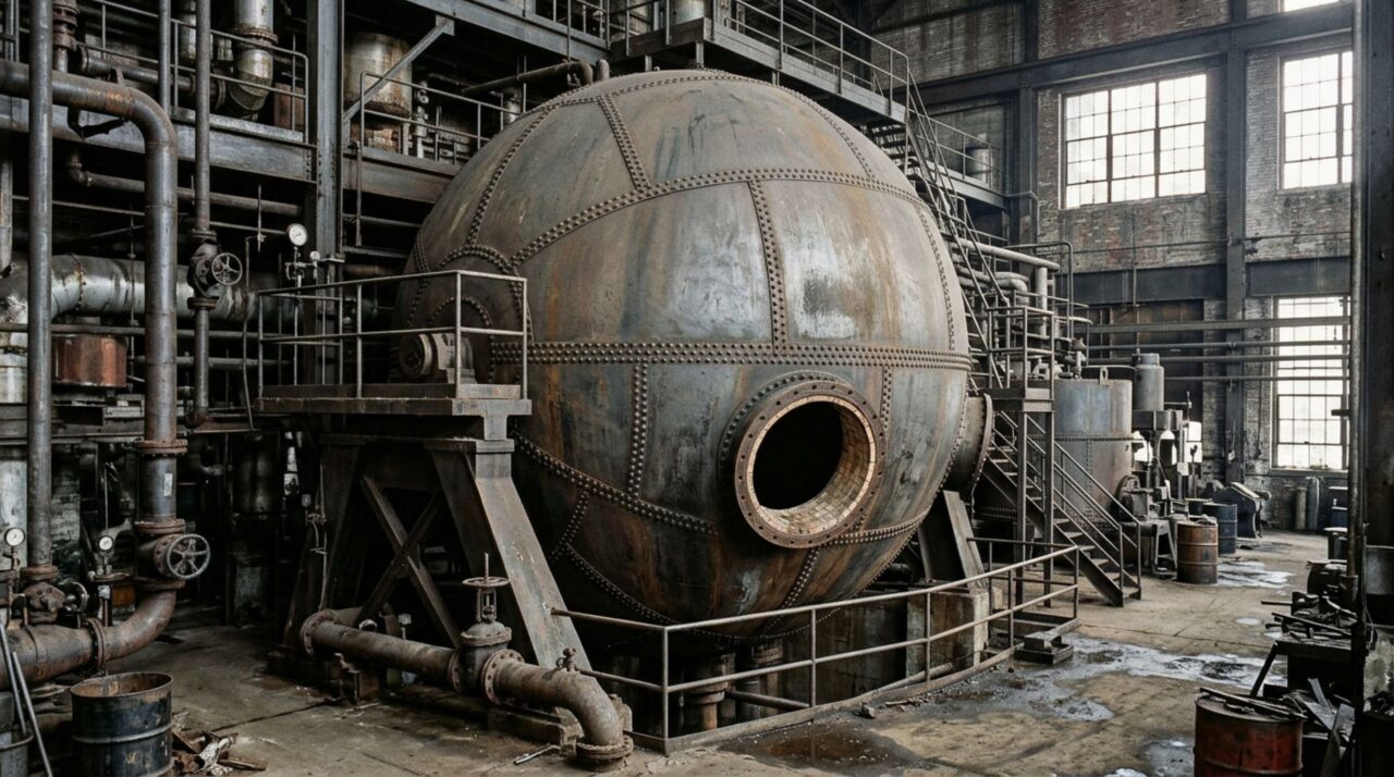 Reservatórios esféricos de aço eram utilizados em antigas fábricas de celulose para armazenar produtos químicos empregados no processamento da madeira
