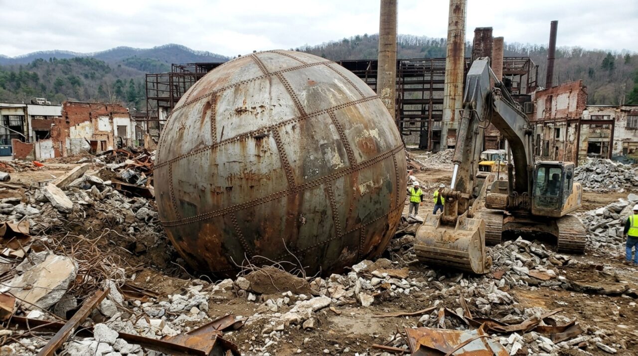 Uma enorme esfera de aço apareceu enterrada num antigo complexo industrial da Carolina do Norte e virou pista sobre como a fábrica funcionava