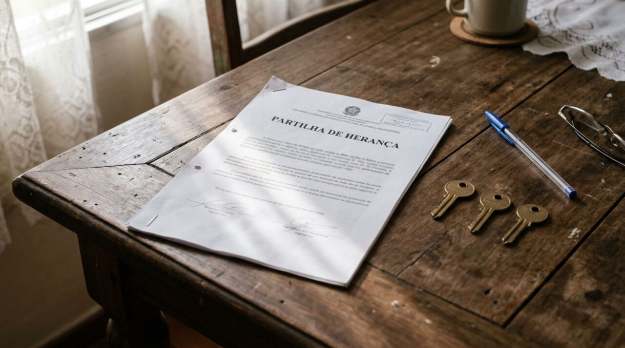 Documento de partilha de herança com três chaves de casa sobre mesa de madeira, simbolizando os direitos compartilhados entre irmãos herdeiros