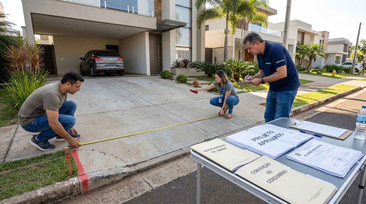 Homem compra terreno em condomínio, termina a residência e descobre, ao instalar o portão, que a fachada projetada não respeita a faixa frontal prevista nos documentos do empreendimento